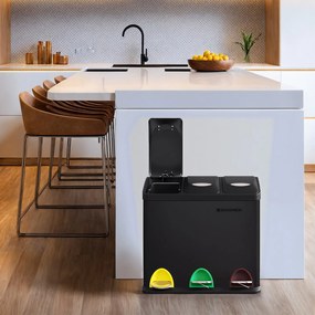 Caixote do lixo para cozinha 3 compartimentos x 8 L, 47 x 28,3 x 39,5 cm preto