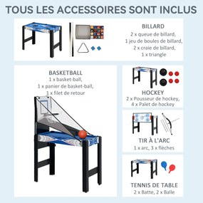 Mesa de jogos multifunções 5 em 1: bilhar, pingue-pongue, jogo de discos, mini-basquetebol, tiro com arco, azul