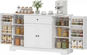 Armário de cozinha 140 x 40 x 80 cm, com gaveta, 4 portas com fecho suave, suportes para copos e prateleiras ajustáveis, branco