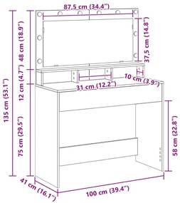Mesa de Maquilhagem com Luzes LED Cinza Concreto 100x41x135 cm