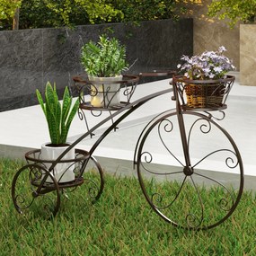 Suporte para plantas em forma de Triciclo com 3 cestos ocos e rodas Aspeto parisiense para pátio e jardim Bronze