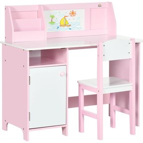 HOMCOM Conjunto de Mesa e Cadeira Infantil de Madeira com Quadro Branco Mesa de Estudo para Crianças acima de 5 Anos 90x45x85cm Rosa