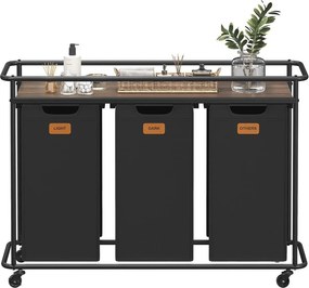 Cesto de roupa suja com 3 compartimentos 104 x 33 x 79,5 cm, separador de roupa com rodas, carrinho para roupa suja de 150 L com prateleira preto-cast