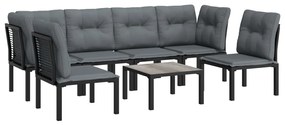 7 pcs conjunto lounge de jardim vime PE preto e cinzento