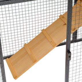 Coelheira para pequenos animais de estimação 2 níveis com bandeja removível de madeira e rampa de metal 122x63x92 cm para coelhos cobaios de madeira e