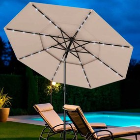 Guarda-sol Jardim de 313 cm com 32 luzes LED Teto ventilado de 3 níveis Ajuste de inclinação Bege