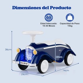 Andarilho carro clássico deslizante com volante, buzina, luz LED e espaço de armazenamento sob o assento para crianças de 19 a 36 meses, azul escuro