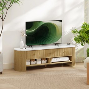 Móvel de TV 140 x 40 x 43 cm, móvel para televisor de 65 polegadas com efeito de mármore, 3 gavetas com frentes caneladas com efeito de madeira natura