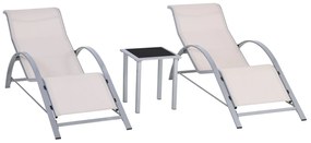 Outsunny Conjunto de 2 Espreguiçadeiras de Jardim 59x169x66 cm com Mesa 41x41x45 cm Vidro Temperado Apoio de Braços Bege
