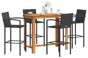 vidaXL 5 pcs conjunto de bar para jardim vime PE/acácia maciça preto
