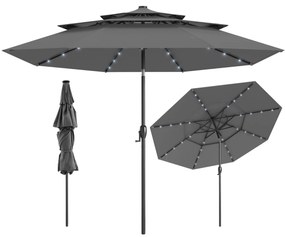 Guarda-sol Jardim de 313 cm com 32 luzes LED Teto ventilado de 3 níveis Ajuste de inclinação Cinzento