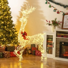 Rena Natal Iluminada 80 x 52 x 150 cm com 100 Luzes LED Flocos de Neve PP e Laço Vermelho Estrutura Metálica Robusta para Interior e Exterior Branco e