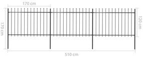Cerca jardim com topo em lanças 5,1x1,2 m aço preto