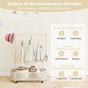 Guarda roupa para crianças com 3 alturas ajustáveis com rodas Armarios de livros de histórias com cesto Branco