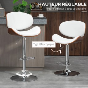 Conjunto de 2 cadeiras de bar com banco regulável em altura, revestimento sintético, 53 x 52 x 92-112 cm, branco