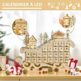 Calendário do Advento em Forma de Trenó, 45 x 10 x 31 cm, 24 Gavetas, Madeira Natural