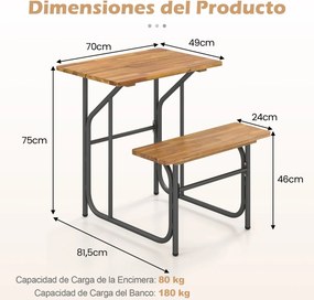 Conjunto de mesa e banco de jardim Lado Único Madeira Acacia Pernas de metal Preto e natural