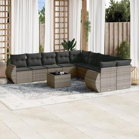 10 pcs conjunto sofás de jardim c/ almofadões vime PE cinzento