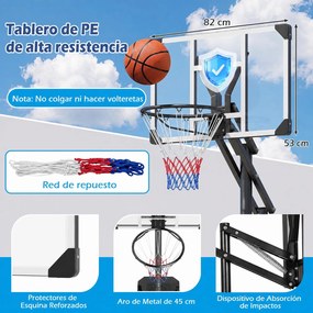 Cesto de Basquetebol Portátil, 88 x 53 x 258-303 cm, Altura Regulável em 8 Níveis, Preto