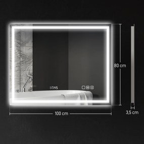 Espelho de casa de banho LED com Bluetooth, 80 x 100 cm, interruptor tátil, luz regulável, 3 cores, antiembaciamento, memória, prateado