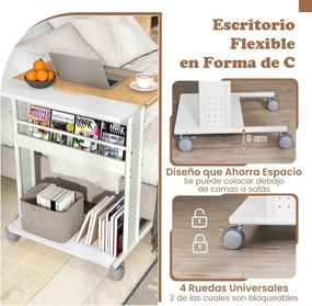 Secretária portátil 60 x 50 x 75-96 cm com rodas e mesa inclinável em 6 posições Compartimento oculto Prateleiras Painéis perfurados em forma de C Nat