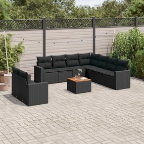 10 pcs conjunto sofás de jardim c/ almofadões vime PE preto
