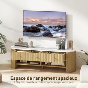 Móvel de TV 140 x 40 x 43 cm, móvel para televisor de 65 polegadas com efeito de mármore, 3 gavetas com frentes caneladas com efeito de madeira natura