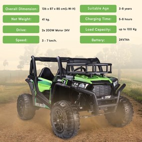 Jipe elétrico para crianças Tipo UTV 24V 2 Lugares em imitação de pele, comando à distância 2,4 GHz, 2 motores de 200 W, bateria de lítio, travão elét