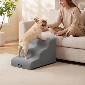 Escada para animais de estimação de espuma lavável 57 x 40 x 40 cm com três degraus, Cinzento