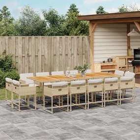vidaXL 15 pcs conjunto de jantar p/ jardim com almofadões vime PE bege