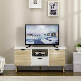 HOMCOM Móvel de TV com Gaveta 2 Portas e Prateleira Mesa de TV para Televisores de até 50 Polegadas Aparador de Sala de Estar 110x40x50cm Branco e Madeira