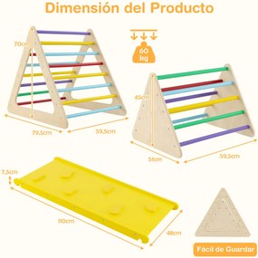 Conjunto de escalada 3 em 1 para crianças 2 escadas triangulares e 1 rampa para deslizar e escalar ponte de madeira multicolorida