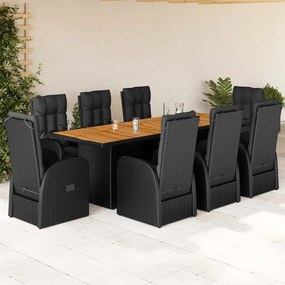 vidaXL 9 pcs conjunto de jantar p/ jardim c/ almofadões vime PE preto