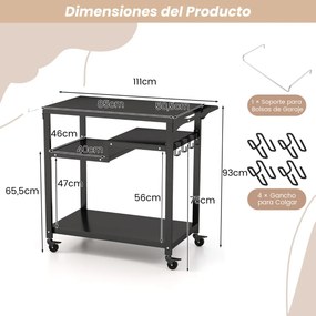 Carrinho de churrasco para exterior com 3 Estantes com 4 rodas e tábua de metal 111 x 50,5 x 93 cm Preto