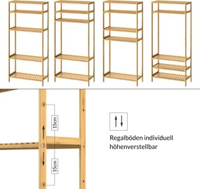 Estante de banho em bambu com prateleiras ajustáveis em altura 130 x 60 x 26 cm Castanho