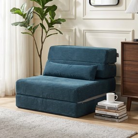 Sofá-cama dobrável 3 em 1, poltrona individual convertível em veludo acanalhado, bolsos laterais, almofada, azul