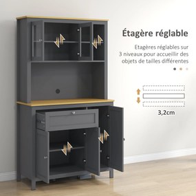 Armário de cozinha tipo aparador com 5 portas, das quais 2 com vidro, 1 gaveta e 1 compartimento aberto central - altura 180 cm, cinzento