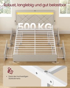 Estrutura de cama casal 140 x 200 cm (COLCHÃO NÃO INCLUIDO) em metal com iluminação LED nas gavetas e cabeceira bege cappuccino