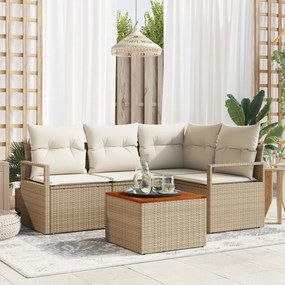 Conjunto de Sofá de Jardim de 5 Peças com Almofadas Bege de Vime Polié