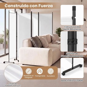 Biombo  Separador de Espaço Dobrável de 4 Painéis, 221 x 35,5 x 173 cm, Rodas Bloqueáveis, Branco
