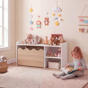 Secretária Infantil, 89,5 x 40 x 45 cm, Caixa de Arrumação com Rodas, Natural+Branco