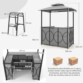 Conjunto de bar de Jardim de 3 peças Tenda de churrasco +  2 bancos de bar Mesa temperada Estantes de metal e suportes de vidro Cinzento