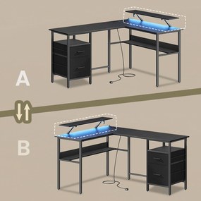 Secretária em forma de L com Iluminação LED ajustável e com tomadas 120 x 150 x 76 cm preto