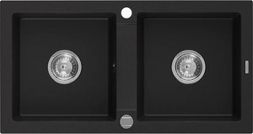Mexen Mario lava-loiça de granito de 2 cubas 820 x 436 mm, preto, sifão cromado - 6504822000-77