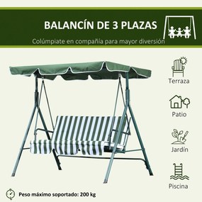 Outsunny Baloiço de Jardim de 3 Lugares com Almofada Toldo Ajustável e Estrutura de Metal para Balcão Terraço Patio Carga Máx. 200kg 172x110x153cm Verde e Branco