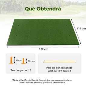 Tapete de golfe de relva sintética 3 em 1, 2 bastões de alinhamento 152 x 117 x 2,5 cm Verde