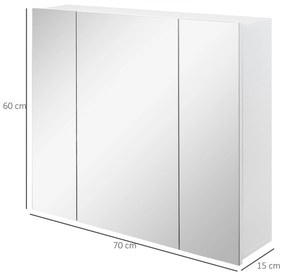 Armário de Casa de Banho com 3 Portas com Espelho Armário de Parede com Prateleiras Internas Ajustáveis 70x15x60 cm Branco