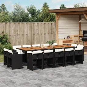 vidaXL 15 pcs conjunto de jantar p/jardim com almofadões vime PE preto