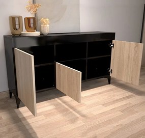 Aparador Koi – 130x32,5x58 cm – Preto e Sonoma Mate – 3 Portas + Nicho