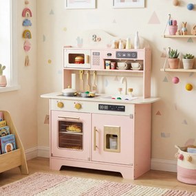 Cozinha brincar infantil de madeira 79,5 x 39,5 x 90,5 cm com 17 acessórios, forno e máquina de gelo, para crianças com mais de 3 anos, cor rosa